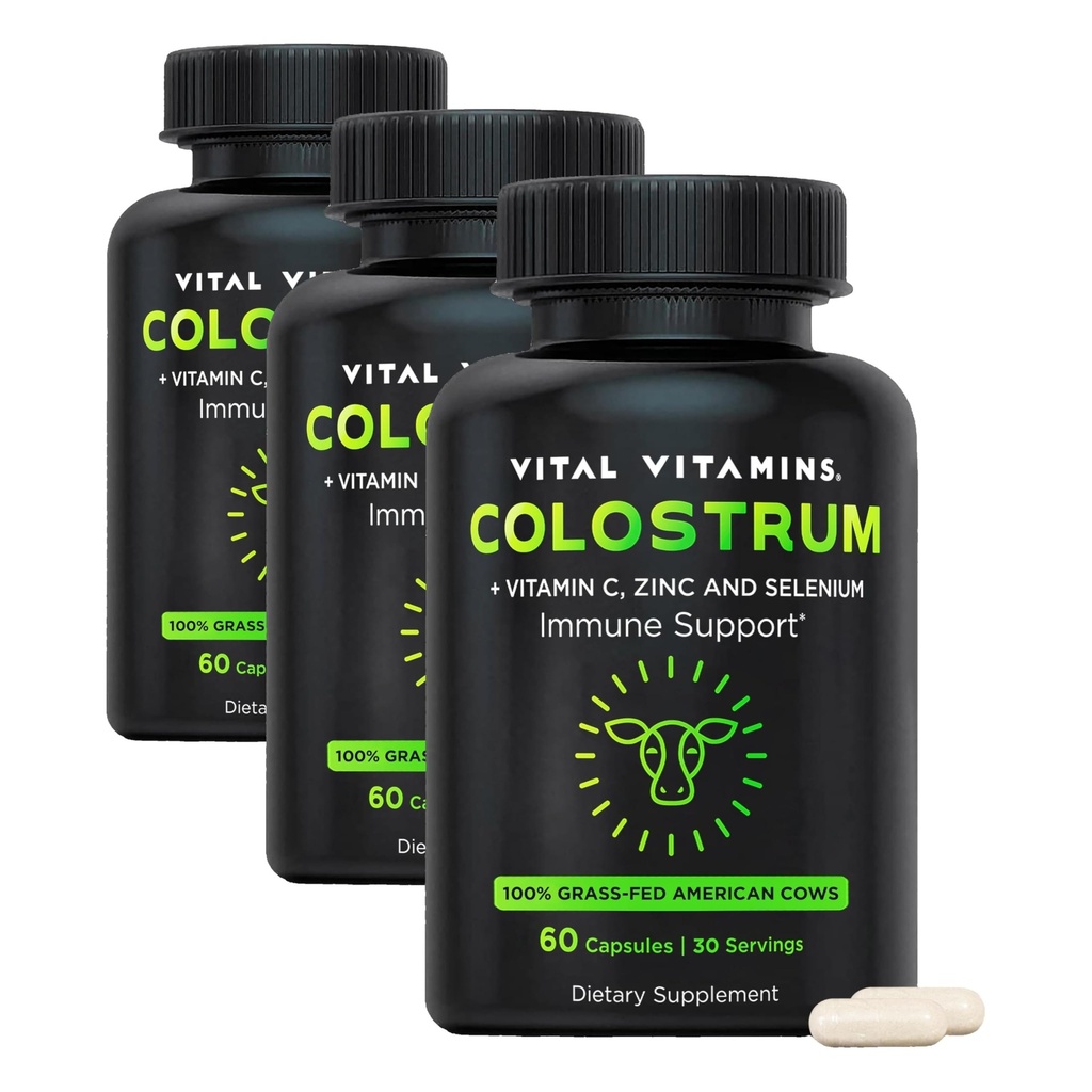 Vital Vitamins Colostrum Supplement - Vitamin C, Zinc, & Selenium - from First Milking - Standardized to Contain 10% IgG Immunoglobulins - Grass-Fed American Cows - 60 Capsules (Pack of 3)