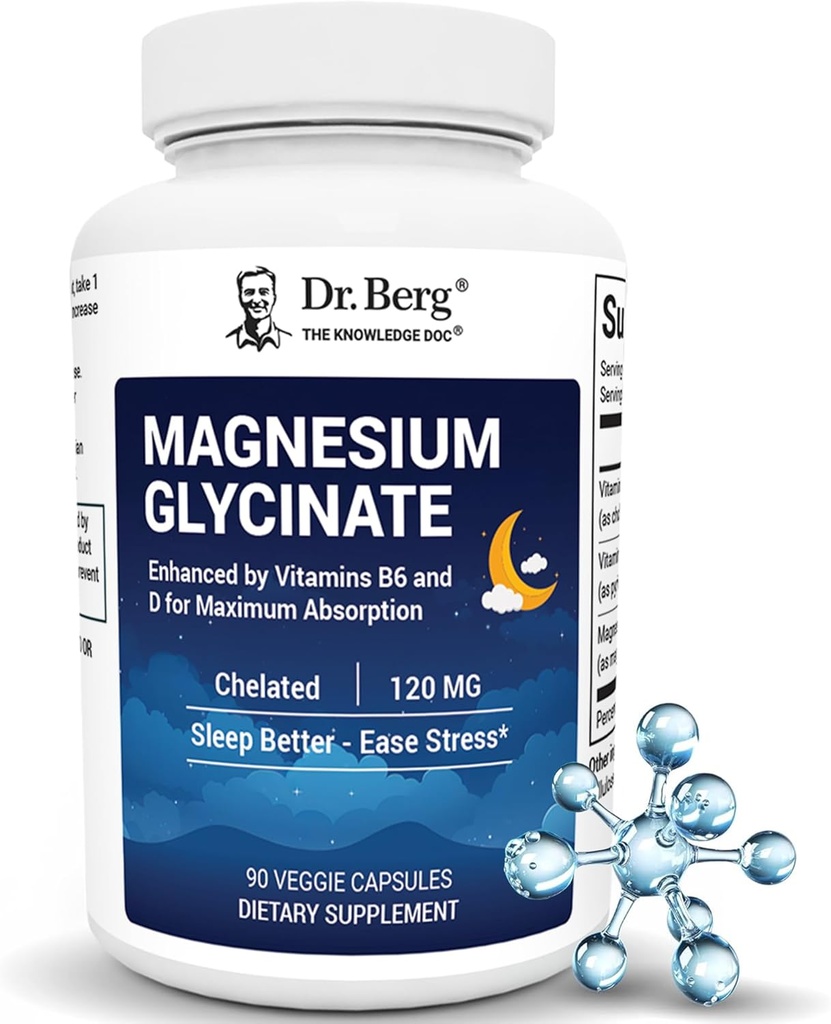 Dr. Berg Magnesium Glycinat mit Vitamin D & B6 für Stressentlastung, Beruhigung, & guter Schlaf* - 120 mg Magnesium Bisglycinat Kapseln - Hohe Absorption Chelat Glycinat - 90 Cap