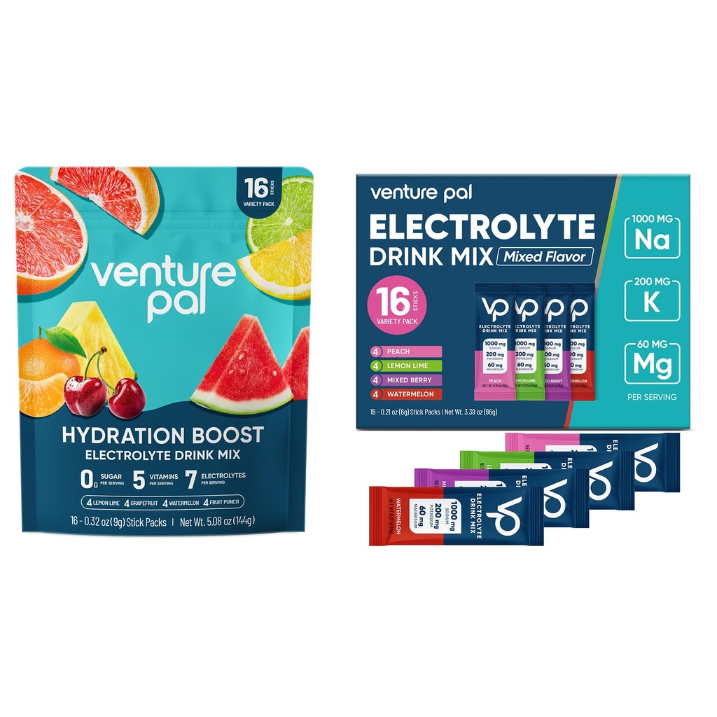 Venture Pal Electrolyte Powder Bundle – Sugar-Free Hydration Packets with High Sodium & Balanced Electrolytes, Zero Calories, 5 Vitamins, Keto, Vegan, Non-GMO – 32 Sticks Total