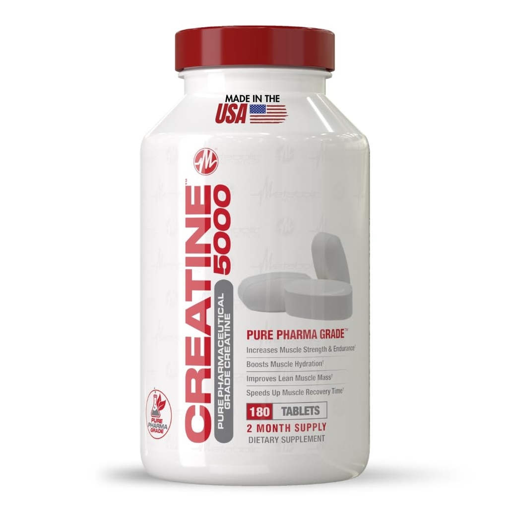 Metabolic Nutrition Creatine Monohydrate Tablets 5000mg - High Potency Creatine Pills for Muscle Growth & Strength – Pre Post Workout Energy Supplement for Women & Men, Non-GMO, Vegan 180 Tablets