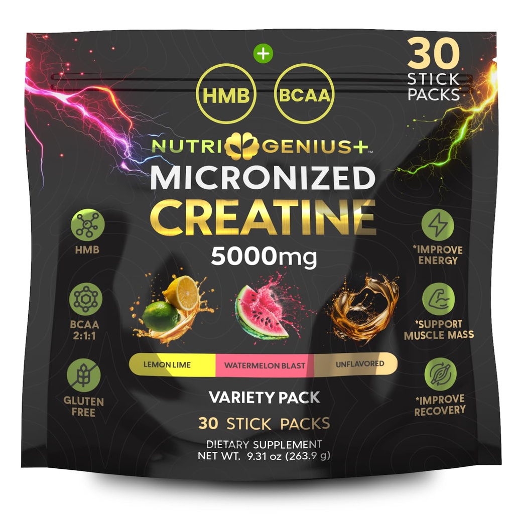 Nutri Genius Plus Micronized Creatine Monohydrate 5g Stick Packs | BCAA 2:1:1 + HMB | 30 Servings Variety Pack | Pre Post Workout Powder for Muscle Growth, Energy & Recovery