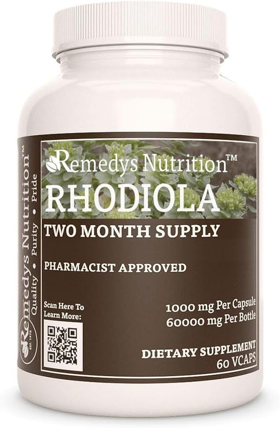 Remedy Ernährung Rhodiola | 1.000 mg, 60 Vegan Kapseln pflanzliche Nahrungsergänzung | Zwei Monate Versorgung