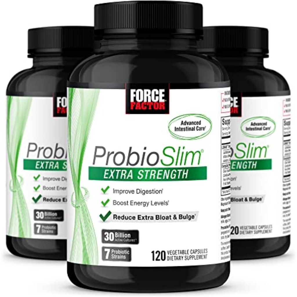 Force Factor ProbioSlim Extra Strength Probiotic Supplement für Frauen und Männer mit 30 Billion CFUs und Grüner Tee Extrakt für Gut Health Support, Bloating und Gas Relief, 120 Count (Pack mit 3)