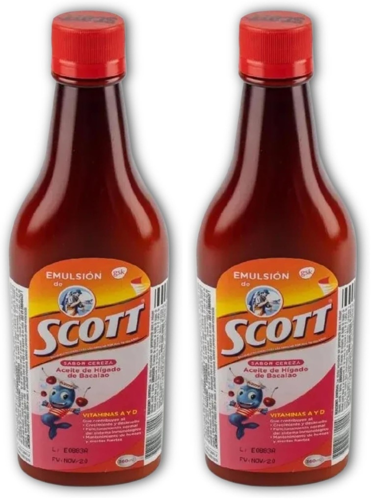 Emulsion de Scott Sabor Cereza (Cherry) (360 ml - 12.17 Fl Oz) Aceite de hígado de bacalao con vitamina A y Calcio, suplemento dietético para niños - (Pack of 2)