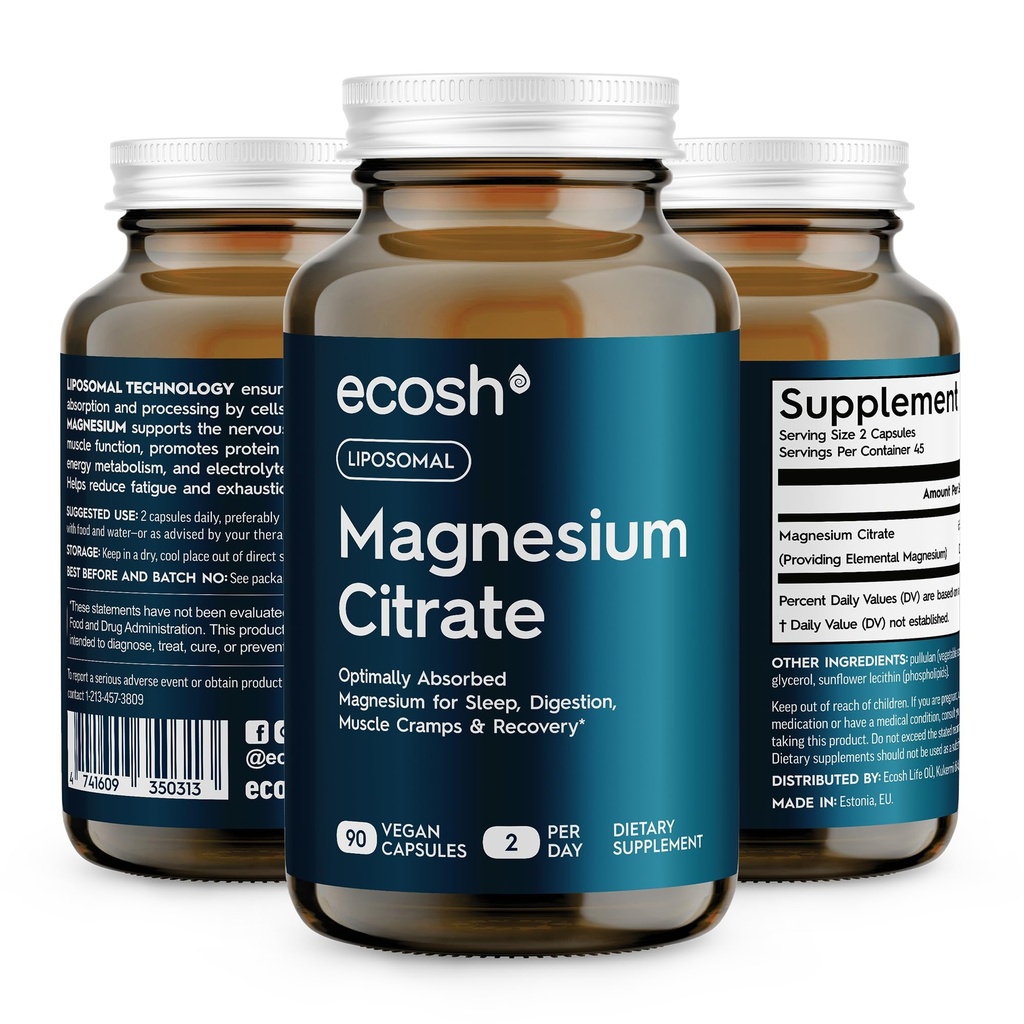 Liposomale Magnesium-Zitrat Kapseln — Hohe Absorption Magnesium-Ergänzung für Verstopfung, Schlaf, Muskelkrämpfe und Erholung | Hohe Potenz Mg | Einfach zu schlucken Veg Kapseln | Non-GMO | 90 ct