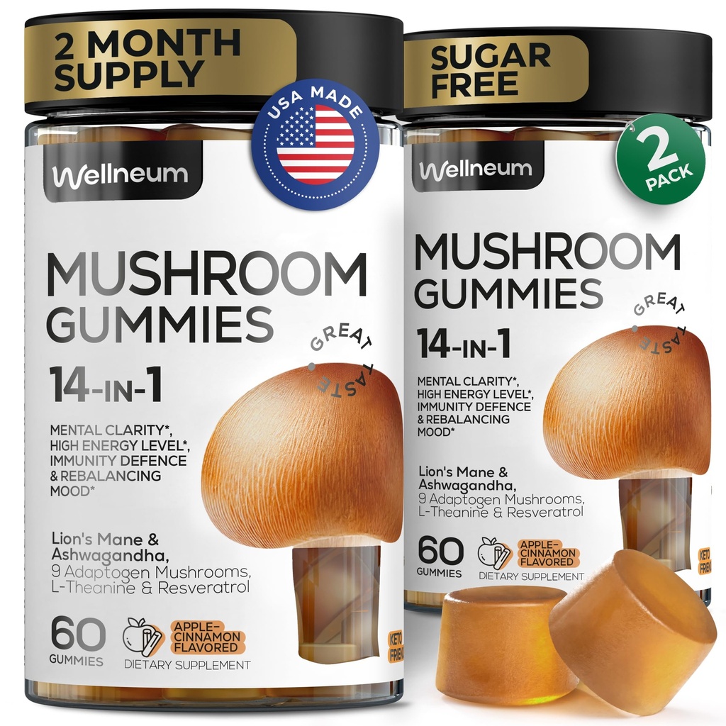 Mushroom Gummies 5000 Mg 120 Pcs (2 Pack) - Lion's Mane und 9 adaptogenic Mushrooms Blend - Ashwagandha, L-Theanine - Pilzgummis für Energie, Immunität, Fokus, Gehirn Boost - kein Zucker und GMO