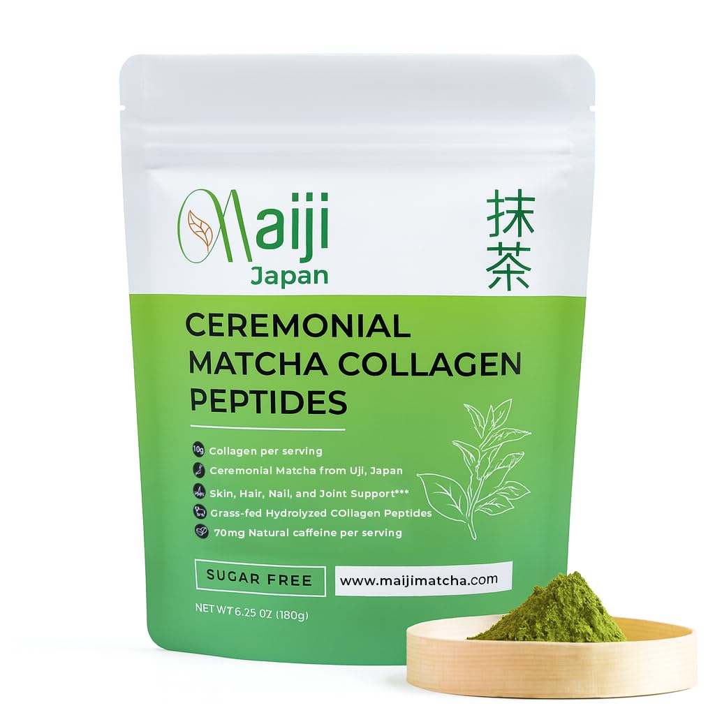 Maiji Japan Matcha Collagen Peptides Powder Supplement, Ceremonial Grade Matcha Green Tea Powder (15 Servings Bag)