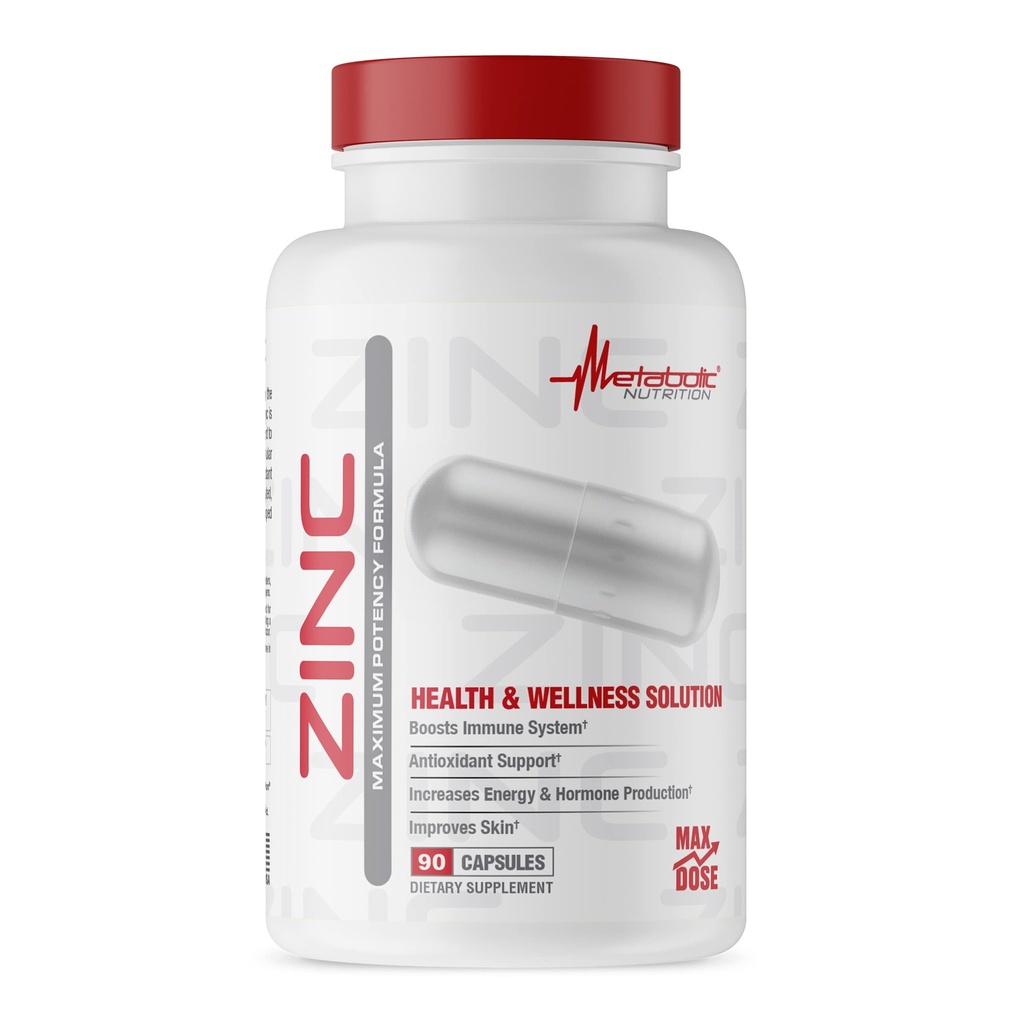 Zinkergänzung von Metabolic Nutrition, 75mg, 90 Zinkkapseln, unterstützt Immunsystemfunktion mit Zinkoxid