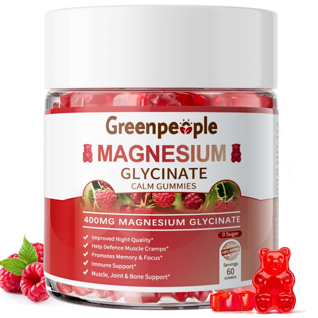 GREENPEOPLE Magnesium Glycinat Gummi 400mg - Zuckerfreie Magnesium Kalium-Ergänzung mit Magnesium Malat, Vitamin D, B6 und CoQ10 für Kalorien Unterstützung und Schlaf für Erwachsene - Himbeere Gummi