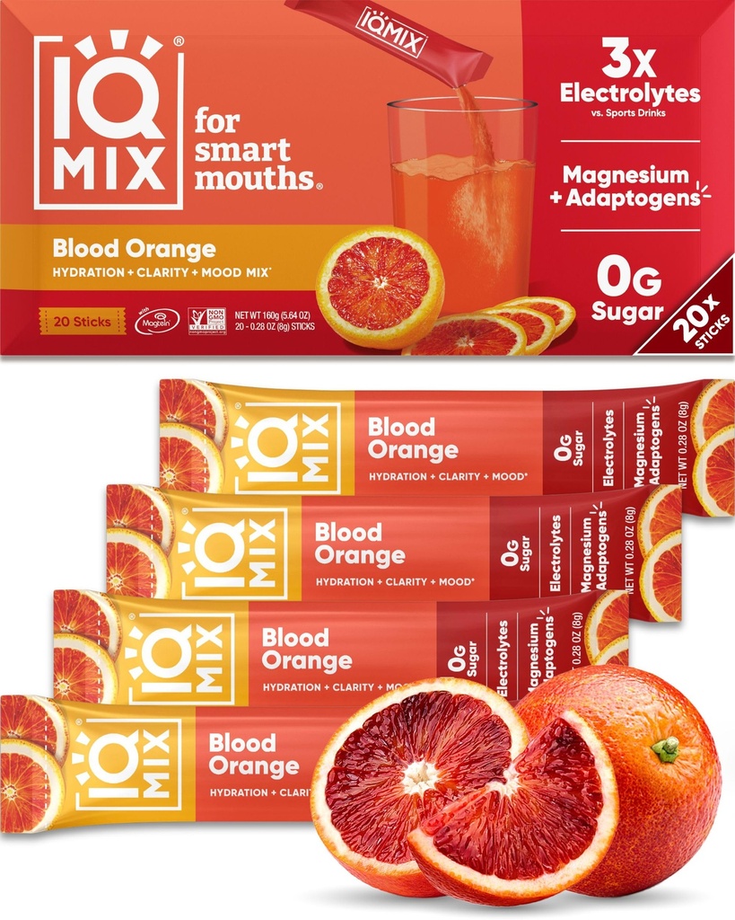 IQMIX Hydration Elektrolyt Pulver – 4-in-1 Formel für Hydration, Psychische Klarheit, Stimmung und Erholung – Zuckerfreie Getränkemischung, Keto, Magnesium L-Threonate, Lion’s Mane – 20 Count Blood Orange