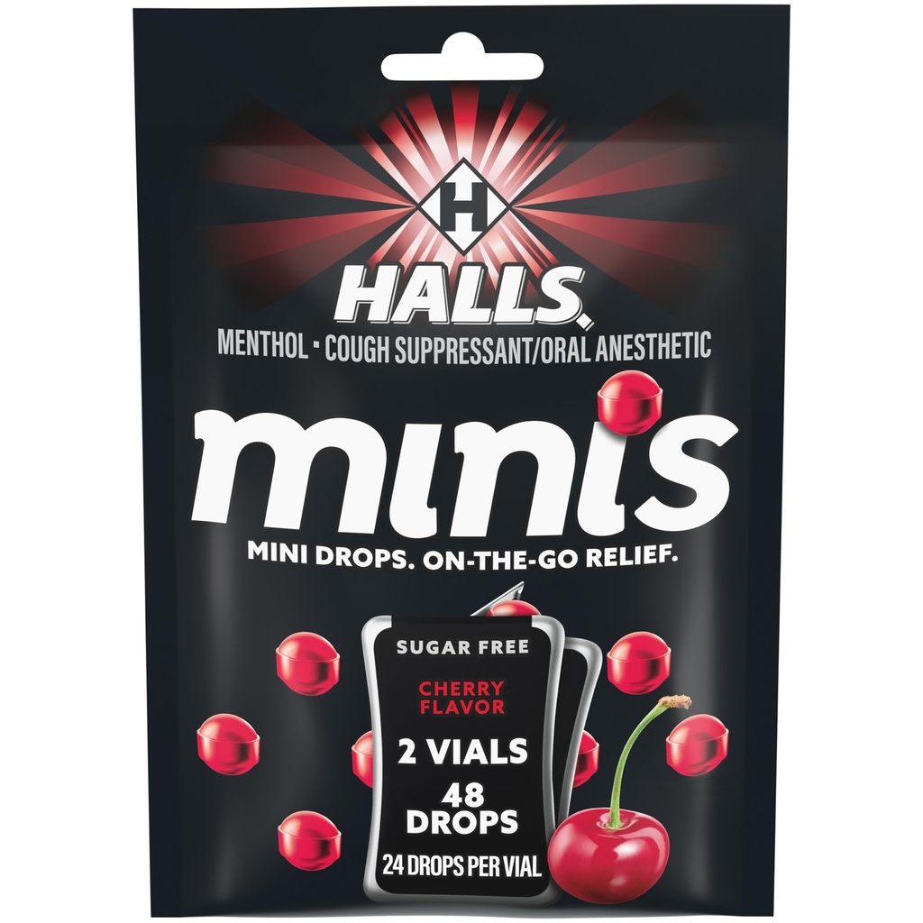 HALLS Minis Cherry Flavor Sugar Free Cough Drops, 48 Drops