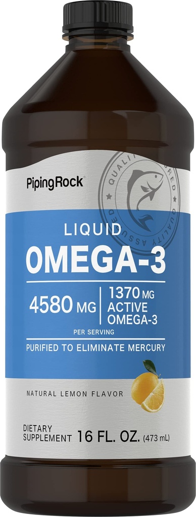 Piping Rock Omega 3 Fish Oil Liquid Supplement | 16 Fl Oz | Mercury Free | Lemon Flavor | 1370 mg Active Omega-3 | für Männer und Frauen | Non-GMO, Glutenfrei