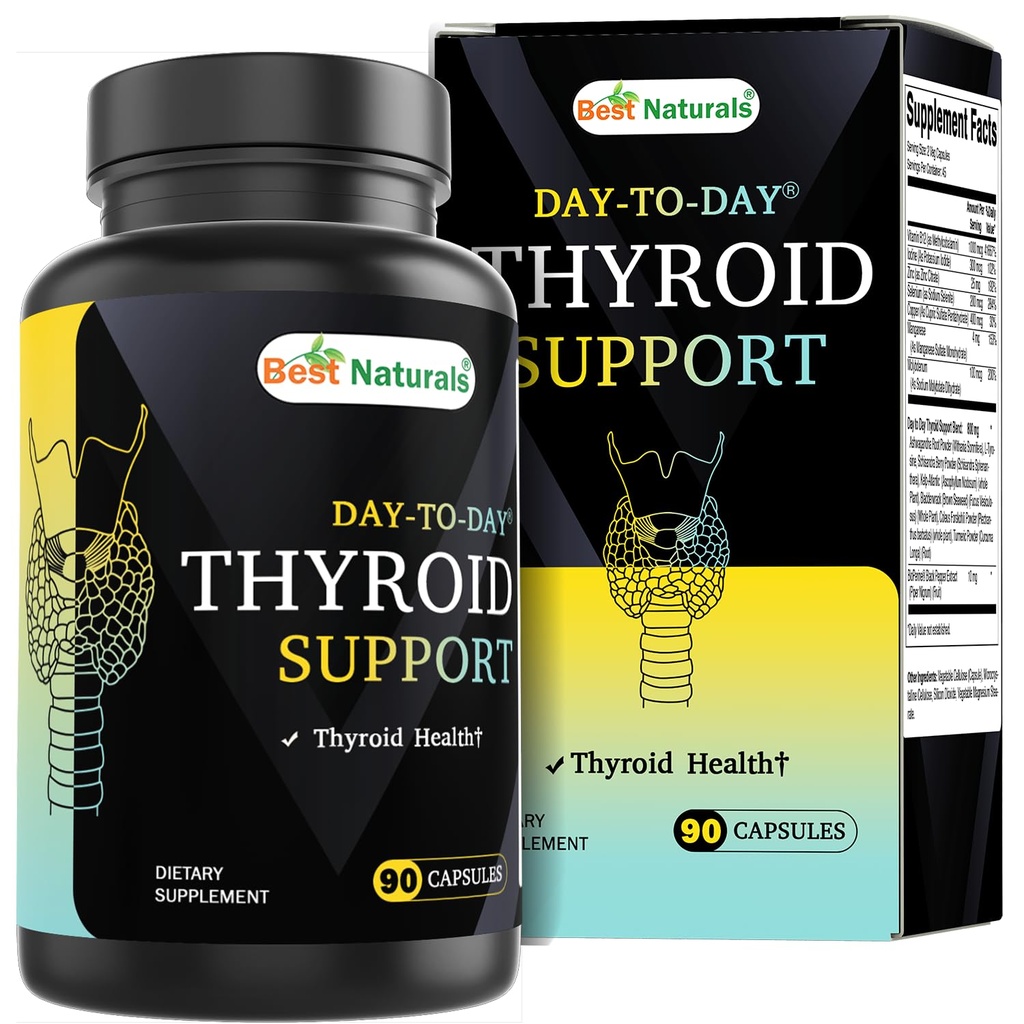 Best Naturals Thyroid Support Supplement, 90 Vegetable Capsules, Made with Iodine, Zinc, B12, Ashwagandha, L-Tyrosine and BioPerine