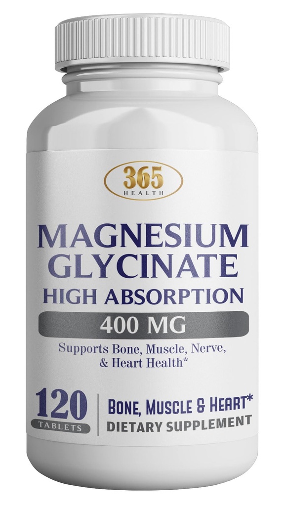 365 Health Magnesium Glycinate, 400mg Per Serving, 120 Tablets, High Absorption Supplement for Bone, Muscle & Heart Health