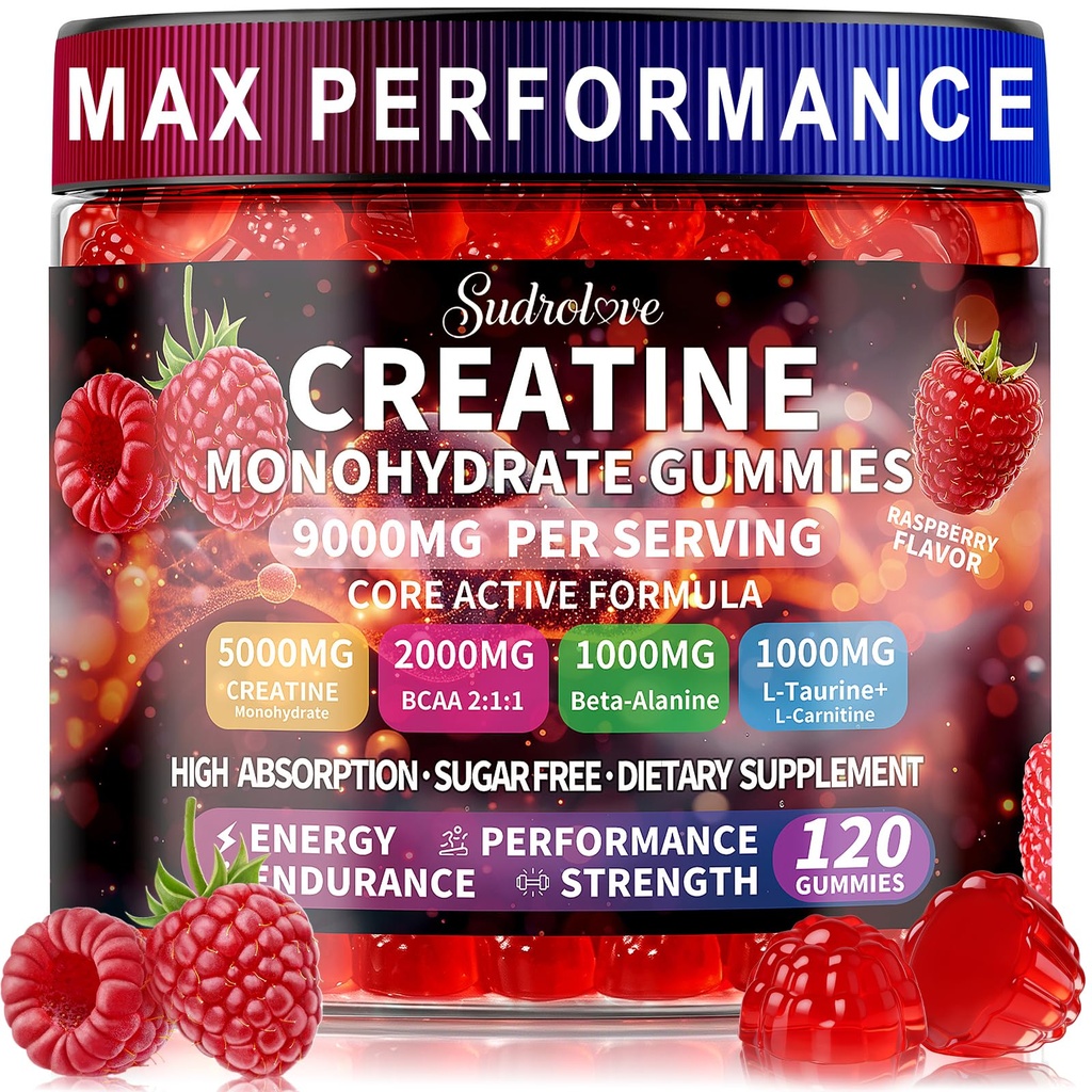 Creatine Monohydrate Gummies with BCAA, Beta-Alanine, L-Taurine, L-Carnitine, Vitamins B6 & B12, Raspberry Flavor, Pre Workout Chewable Supplement for Men & Women, 120 Count,Raspberry