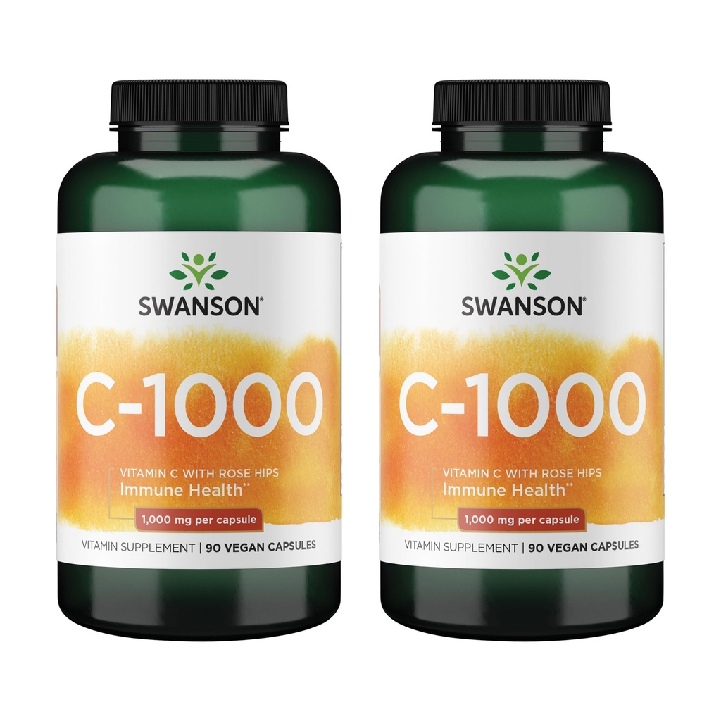 Swanson Vitamin C w/ Rose Hips - Herbal Supplement Promoting Skin Health, Heart Health & Immune System Support - Natural Formula Promoting Protection & Wellness - (90 Capsules, 1000mg Each) 2 Pack