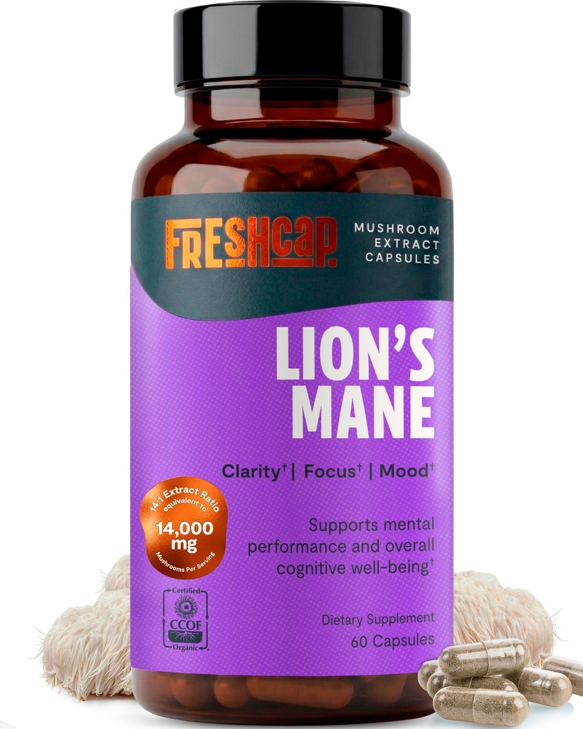 FreshCap Mushrooms Premium Organic Lions Mane Capsules - 14:1 Fruiting Body Extract with 31% Beta-Glucans - 3rd-Party Tested Nootropic for Clarity, Focus & Cognitive Support (60 Capsules)