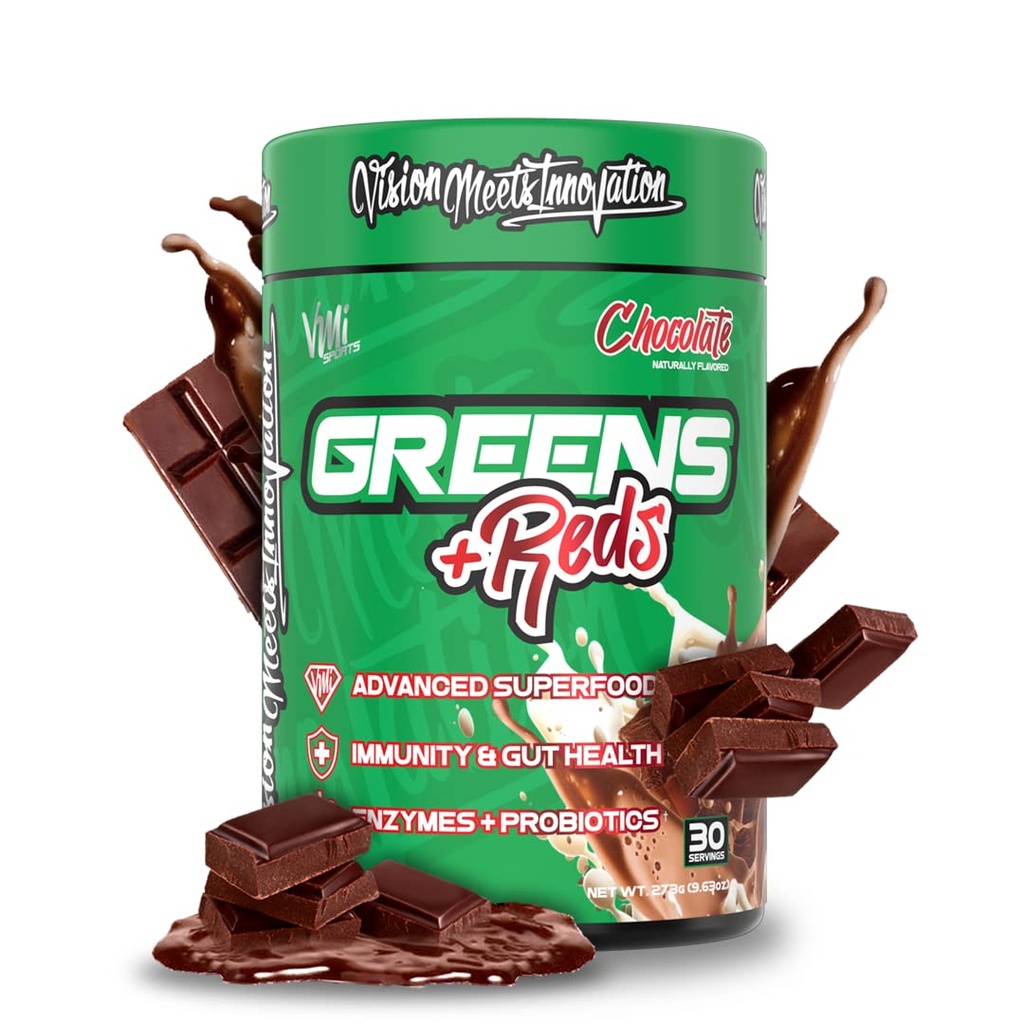 VMI Sports Greens + Reds Advanced Superfood Immunity and Gut Health | Enzymes & Probiotics | 30 Servings (Chocolate)