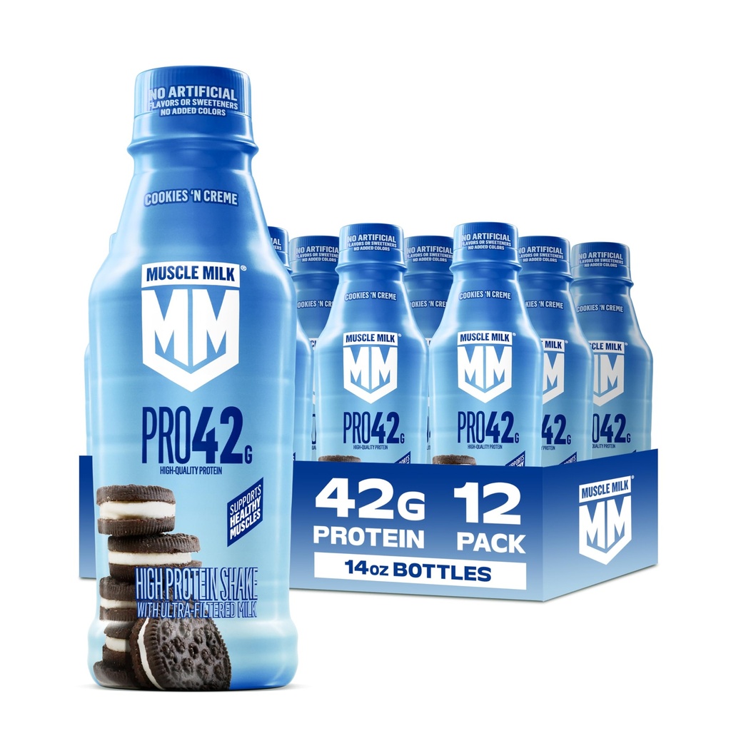 Muscle Milk Pro High Protein Shake, Cookies 'n Creme, 14 fl oz Bottles, (12 Pack) Ultra-Filtered Milk, 42g High Quality Protein, 4g Sugar, 240 Calories, No Artificial Flavors, No Artificial Sweeteners, No Added Colors
