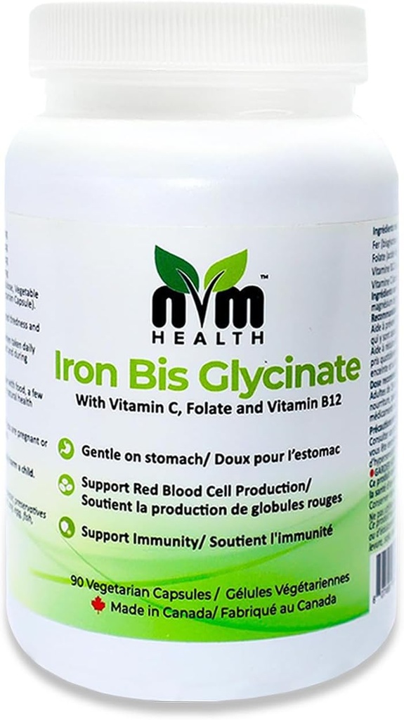 Sanfte Eisen-Ergänzung für Erwachsene I Eisenbisglycinat mit Vitamin C, B12, Folsäure I Unterstützt Red Blood Cell Formation & steigert Immunität - 90 pflanzliche Kapseln, Glutenfrei