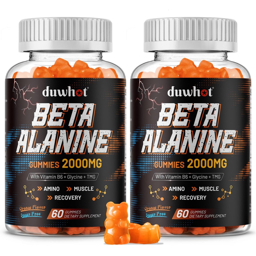duwhot Beta Alanine Gummies Sugar-Free, 2000mg Beta-Alanine with Glycine, TMG & Vitamin B6 for Muscle Recovery, 4-in-1 Amino Supplements for Adults, Vegan, Orange, 120 Chews