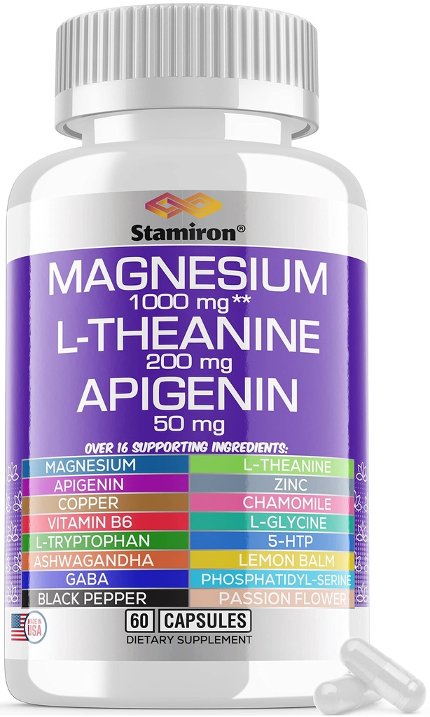 Magnesium Complex 1000mg L Theanine 200mg Apigenin 50mg Supplement mit Mag Glycinate Citrate Malate Taurate + Kamille 5-HTP Passion Flower Lemon Balm B6 Ashwagandha und L Tryptophan - Made in USA