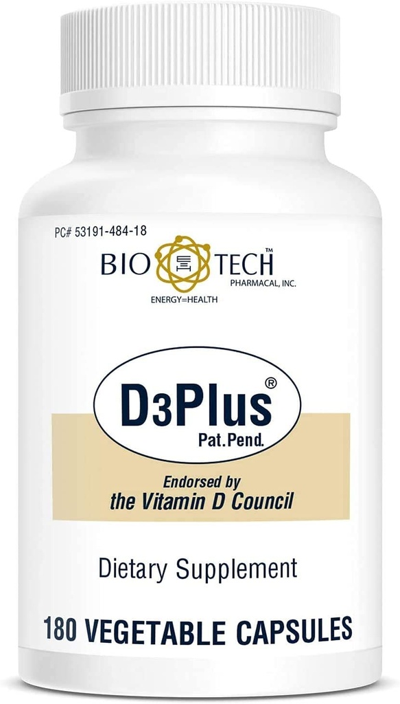 Bio-Tech Pharmacal D3Plus, 180 Vegetable Capsules – All-Natural Supplement – Supports Skeletal & Cardiovascular Health – No Dairy, Fish, Gluten, Peanut, Shellfish, & Soy