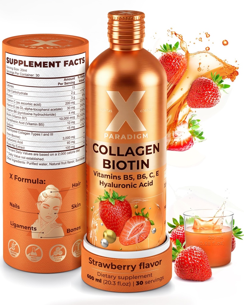 Liquid Collagen Peptides with Biotin & Hyaluronic Acid - Hydrolyzed Bovine Collagen Type 1 and 3, Biotin 10000mcg, Vitamins B5, B6, C & E - Liquid Collagen for Women & Men