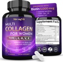 StrongVit Multi Collagen for Women with Biotin, Hyaluronic Acid, CoQ10, Vitamin C, D3 & Zinc – Hair, Skin, Nails Supplements - Hydrolyzed Collagen Peptides Type I, II, III, V, X - USA (60 Capsules)