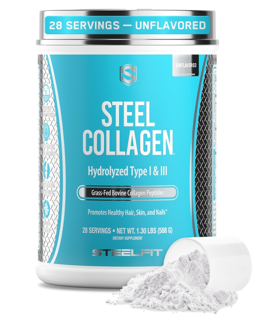 SteelFit Grass-Fed Collagen Peptides Powder, Unflavored - Hydrolyzed Collagen for Hair, Skin, Nails & Joint Support - Grass Fed Bovine Type 1 & 3 with Biotin, Vitamin C & Hyaluronic Acid - 28 Servings