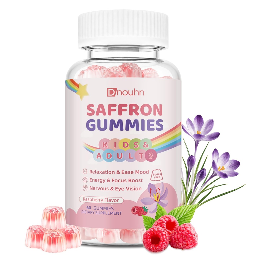 Saffron Gummies for Kids & Adults, Saffron Supplements with 88.5mg Saffron Extract, B6, B12, C, D3, Magnesium for Calm, Focus, Nerve, Sugar Free, Vegan, Non-GMO - Raspberry Flavor, 60 Counts