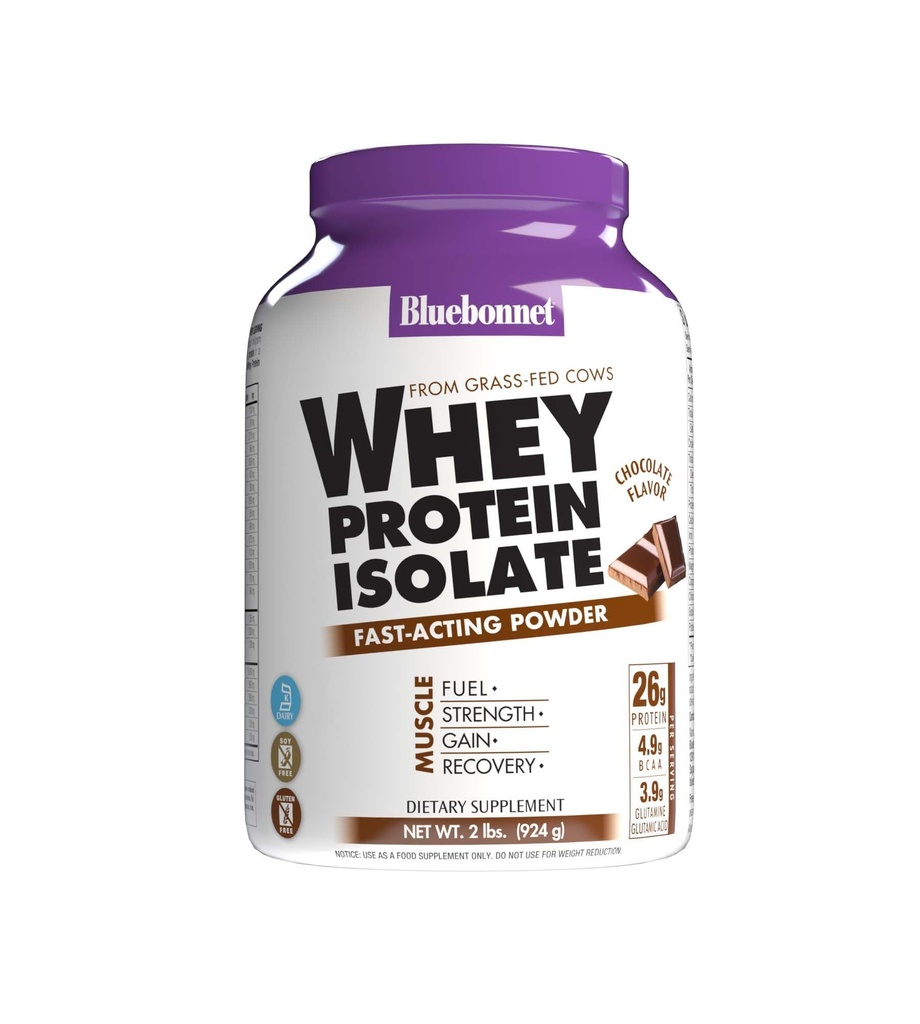 Bluebonnet Grass Fed Whey Protein Isolate 26 g Energy & Workout Recovery BCAA Amino Acids - Gluten-Free, Non-GMO, Soy-Free Chocolate Protein Powder for Women & Men - 28 Servings