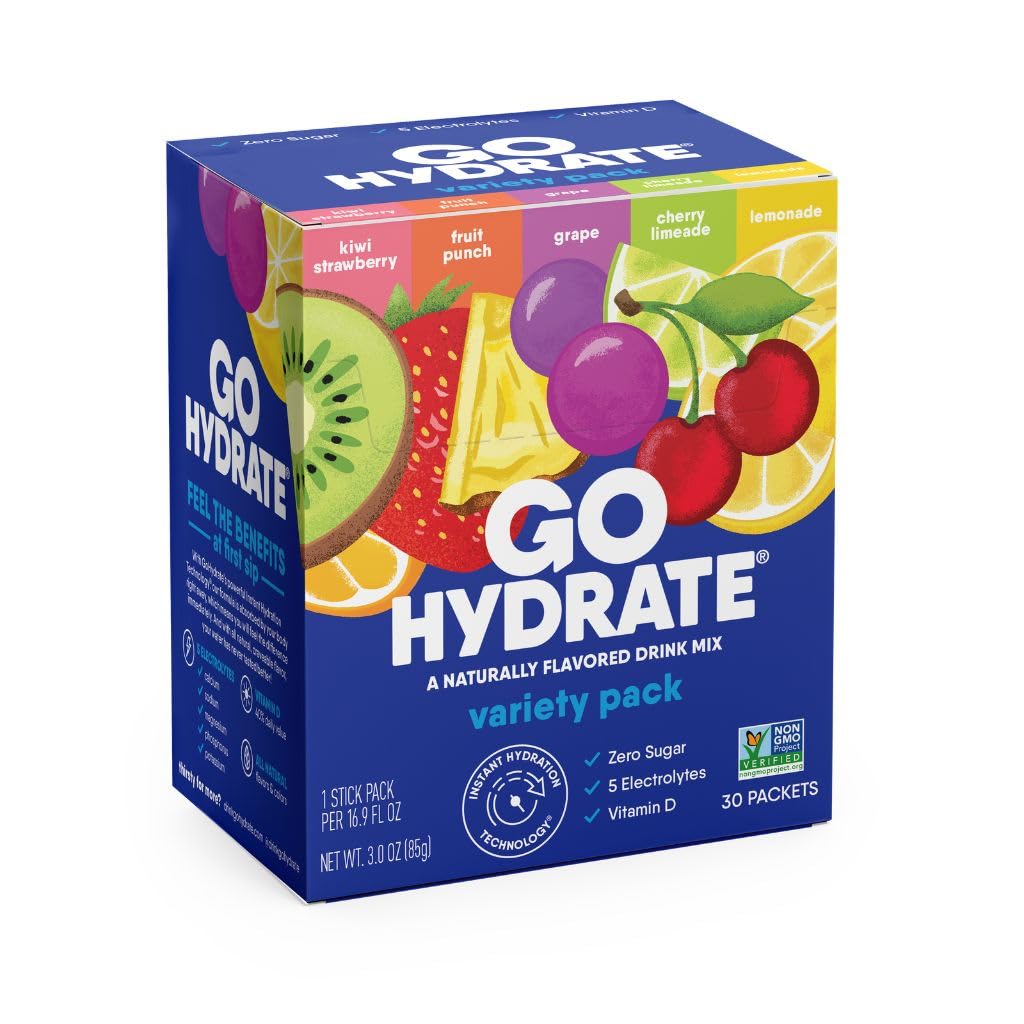 GoHydrate Low-Natrium-Elektrolyten Pulver-Packets Sugar Free - Instant Hydration Daily Drink Mix - Zero Sugar Water Flavor Packet Singles mit Vitamin D - (Variety Pack, 30 Packs)