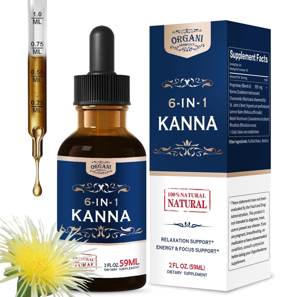 Kanna (Sceletium tortuosum) Extract Drops, 6-in-1 Herbal Supplement for Relaxation, Energy & Focus Support with Chamomile Rhodiola Lemon Balm. High Absorption Alcohol-free Tincture. 2oz