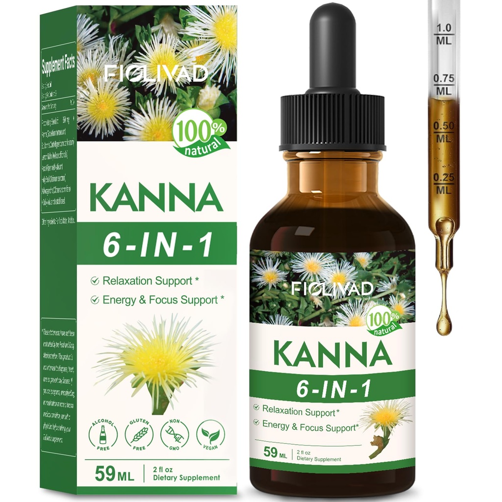 Kanna Extract Liquid Drops, Kanna Tincture for Relaxation Support,Energy & Focus Support, Natural Herbal Supplements with Lemon Balm Holy Basil Ashwagandha. 2 oz