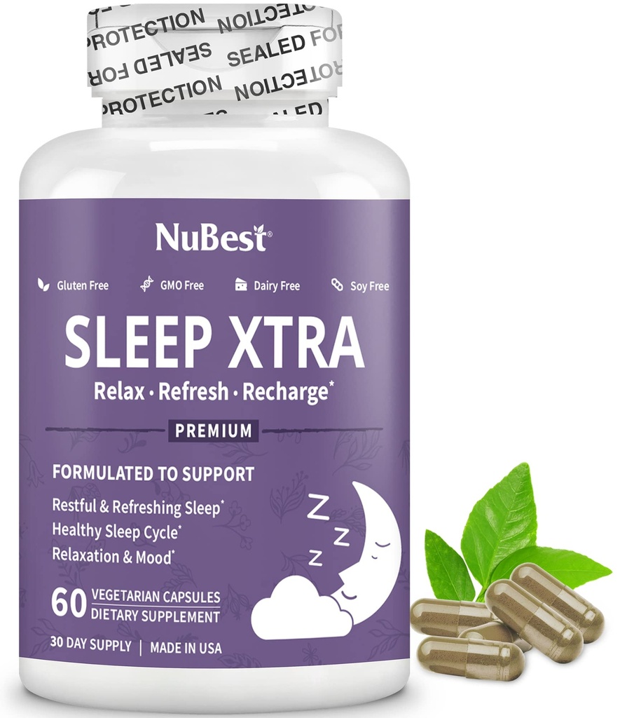 NuBest Sleep Xtra | Unterstützt gesunden Schlaf für Erwachsene | Vitamin B6, Melatonin, Ashwagandha, Kamille, Valerian & More - Nicht Habit-Forming | 60 Vegan Kapseln |1 Monat Versorgung