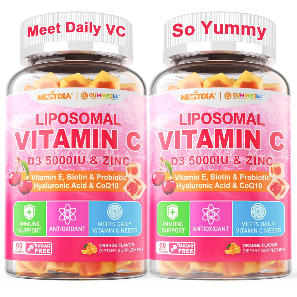 Liposomal Vitamin C 1000mg + D3 5000IU + Zinc Filled Gummies, Folate 800mcg Chewable Supplement, Elderberry for Immune, Hyaluronic Acid, VE, for Beauty, Energy & Overall Health, Sugar Free, ﻿2 Pack