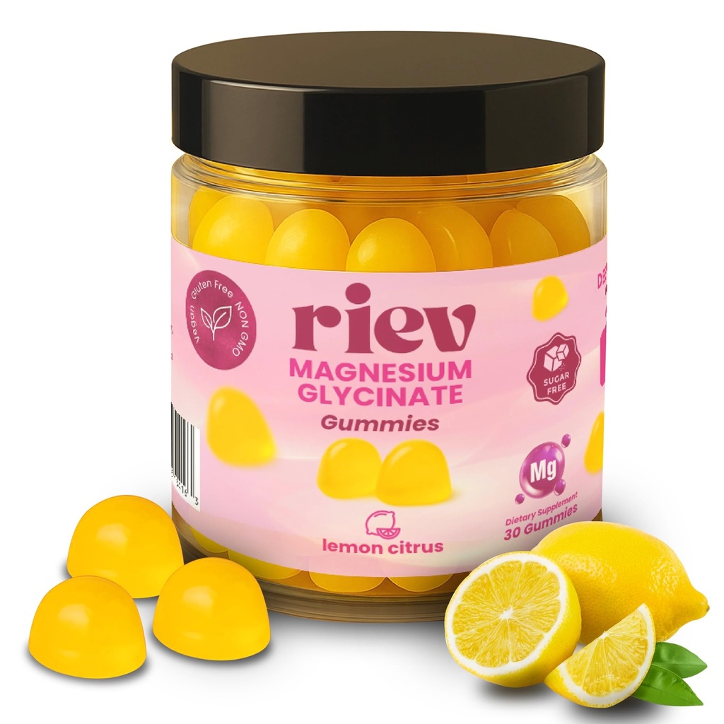 Riev Magnesium Glycinate Gummies 200mg – Sugar-Free – Supports Relaxation & Muscle Function – Vegan, Non-GMO, No Gelatin – Lemon Citrus Flavor – 30 Gummies