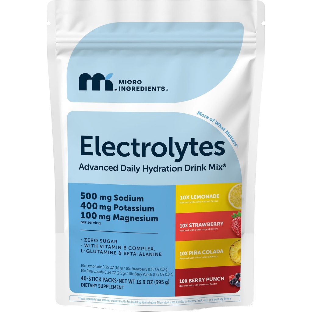 Electrolytes Powder Packets, Variety Pack, 40 Count, Sugar Free Drink Mix | Hydration Powder with 6 Electrolytes & Minerals | Lemonade, Strawberry, Piña Colada & Berry Punch | Keto Friendly, Non-GMO