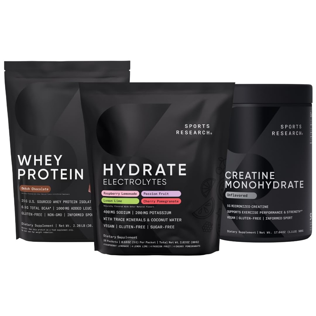 Sports Research® Creatine Monohydrate (100 Servings), Hydrate Electrolytes Variety Packets (16 Count) and Dutch Chocolate Whey Protein Isolate (25 Servings)
