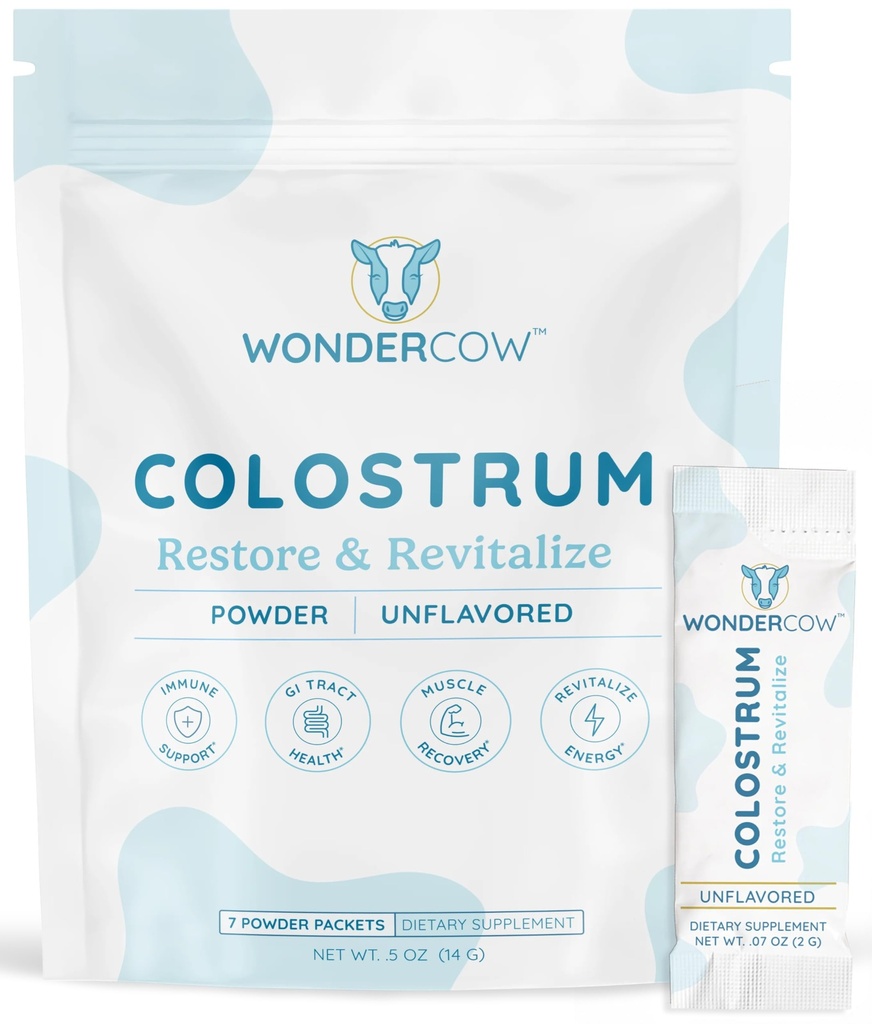 WONDERCOW Colostrum Supplement Powder for Gut Health, Immune Support & Wellness | Natural IgG Pure Whole Bovine Colostrum Superfood, Unflavored, 7 Servings