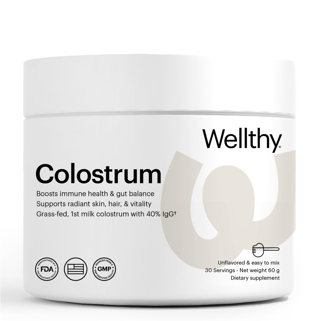 Wellthy Colostrum Powder – Grass-Fed, 40% IgG – Supports Immune System, Gut Health, and Radiant Skin – 30 Servings – Made in USA