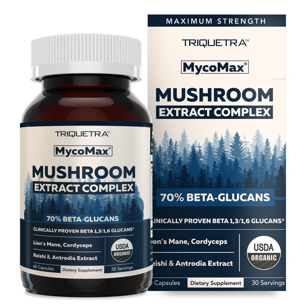 MycoMax Mushroom Complex - 70% Beta Glucans, Max Potency Mushroom Supplement, US Grown + Ultrasonic Extraction - Lions Mane, Cordyceps, Reishi & More - Kognition, Immunität, Energie - 60 Kapseln