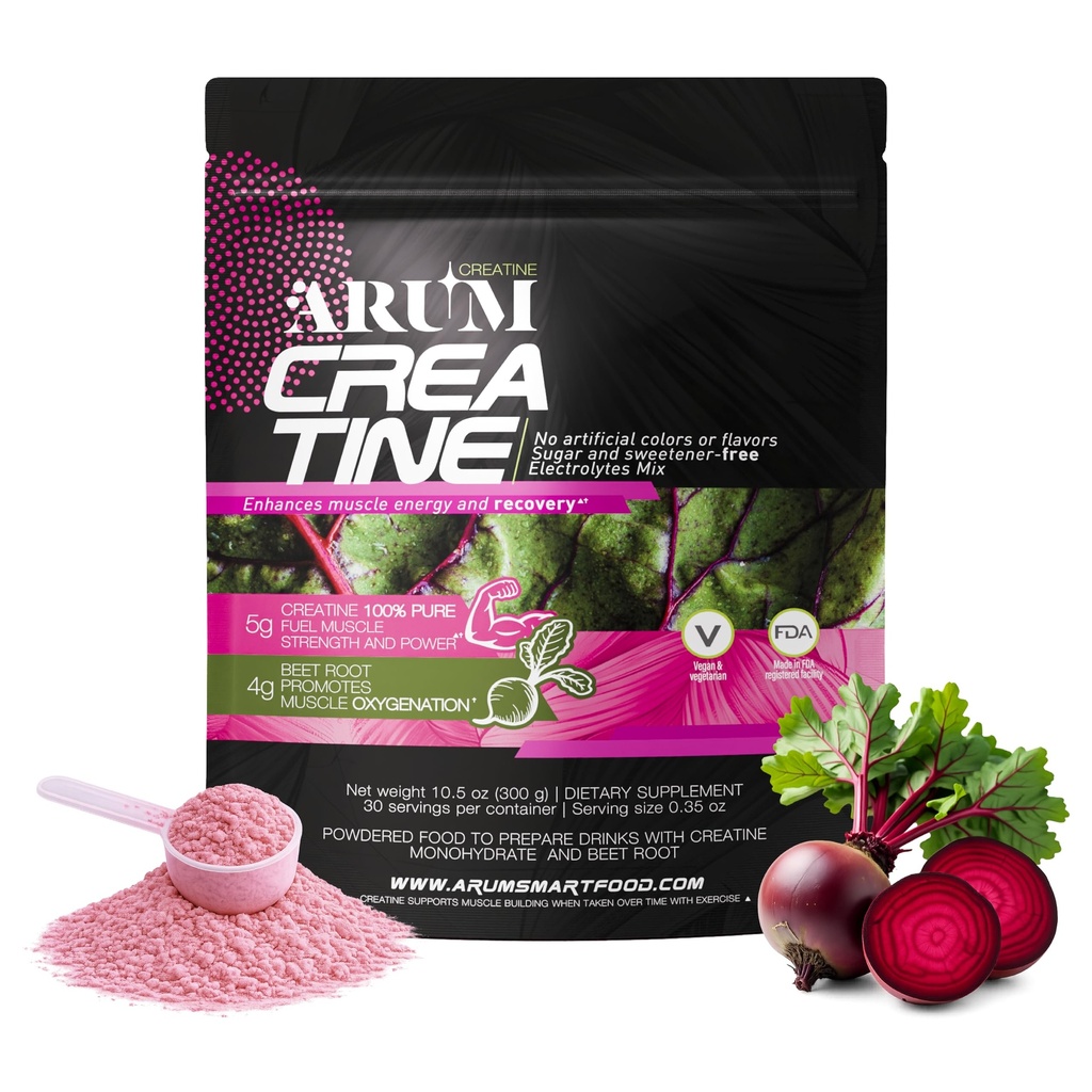 ARUM Creatine with Beetroot & Electrolytes – Micronized Creatine Monohydrate Powder 5g + Beet Extract 4g – Muscle Strength, Endurance, Hydration & Recovery – Vegan, Sugar-Free, 30 Servings