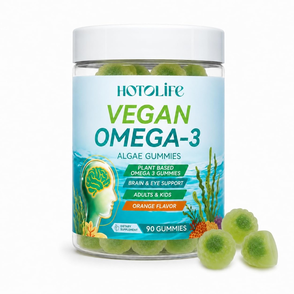Omega 3 Gummies for Women Men Kids, 600mg Brain & Eye Support, Algae, 90Ct | Plant-Based Algae DHA EPA with Orange Flavor, Lutein, Zeaxanthin, Vitamins A C E, PS and Bacopa for 2-Gummy Daily Routine