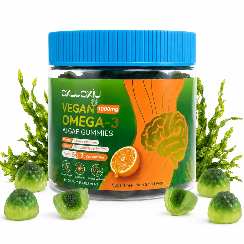 Omega 3 Gummies for Adults, Vegan Algae EPA DHA Fish Oil Alternative, Sweet Orange Dual Layer Chews with Lutein, Zeaxanthin, PS, Bacopa & Vitamins A C E, 60 Count