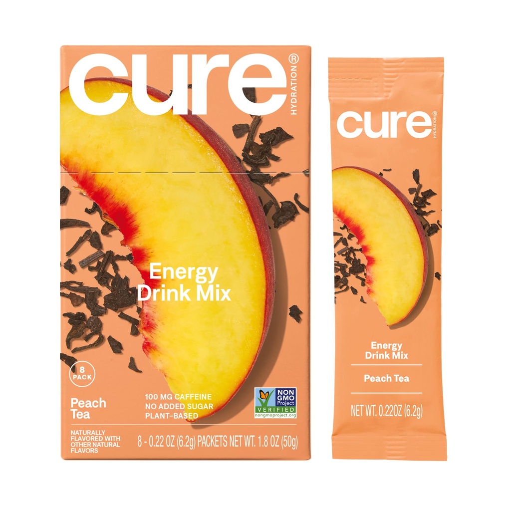 Cure Hydration Performance | Plant-Based Electrolyte Energy Drink Mix | No Added Sugar | Dehydration Relief Powder | 100mg of Caffeine | Non-GMO | Vegan | Box of 8 Packets - Peach