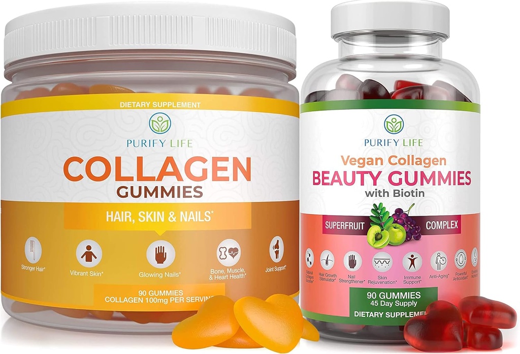 Purify Life Marine Collagen & Vegan Collagen Bundle, Gummi Vitamine für Haar Haut und Nägel Gesundheit (90 Chews), Pore Reducer & Elastizität, ersetzen Kapseln, Pillen