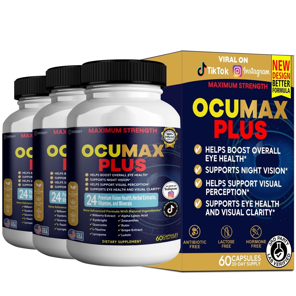 Ocumax Plus Vision Support Supplement, 60 Capsules, with 24 Premium Herbal Extracts and Vitamins, Maximum Strength Eye Health Formula (3)
