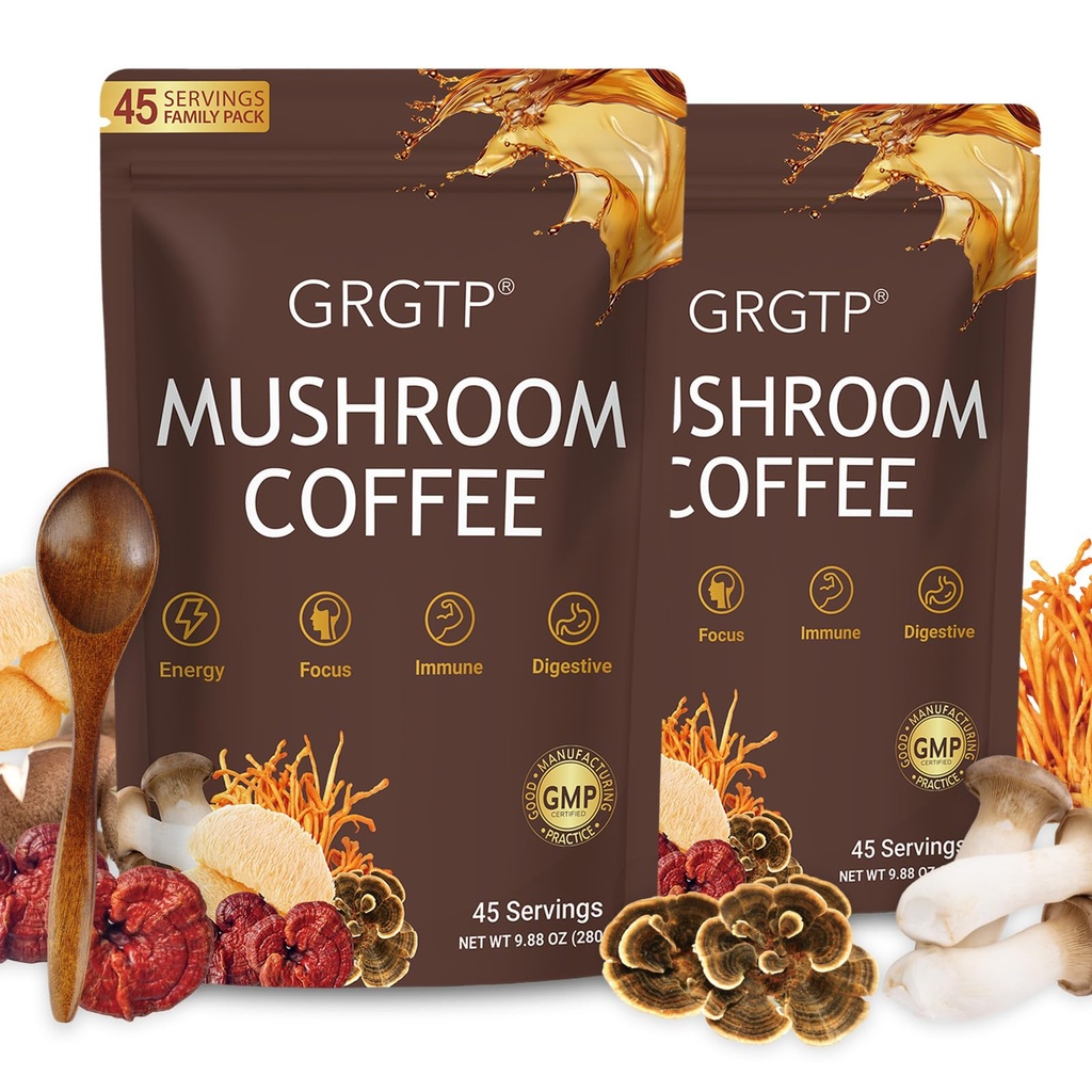 Mushroom Coffee - Superfood Blend with 6 Adaptogens Jitter-Free Energy, Enhanced Focus, Digestion & Immunity Support | 90 Servings, Vegan, Gluten Free, Non-GMO | Smooth Flavor